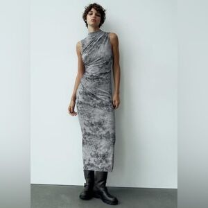 NWT. Zara Gray Draped Tulle Midi Dress. Size S.